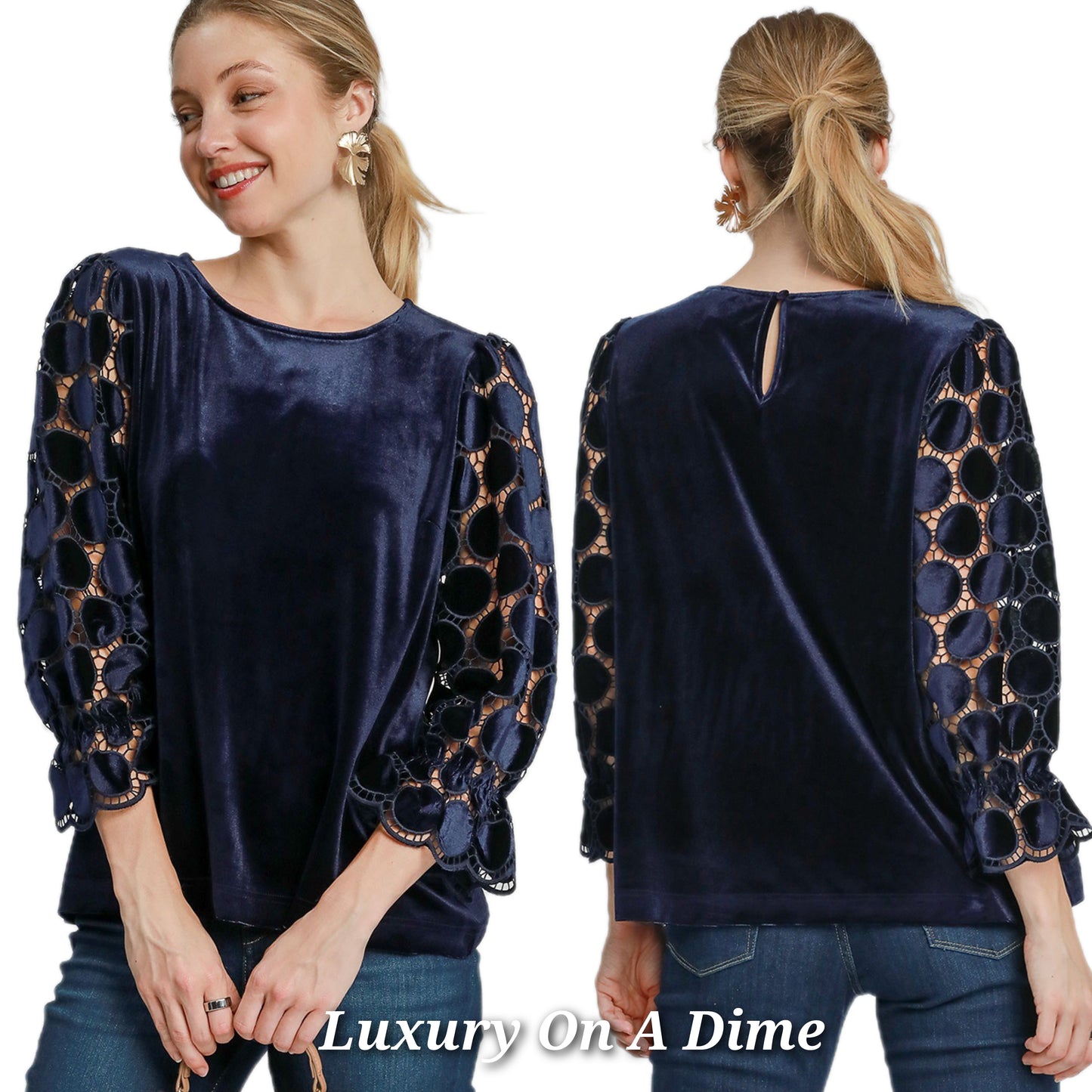 Umgee Lace Velvet Retro Top Sheer Polka-dot Ruffle Long Sleeve Shirt Boho Blouse