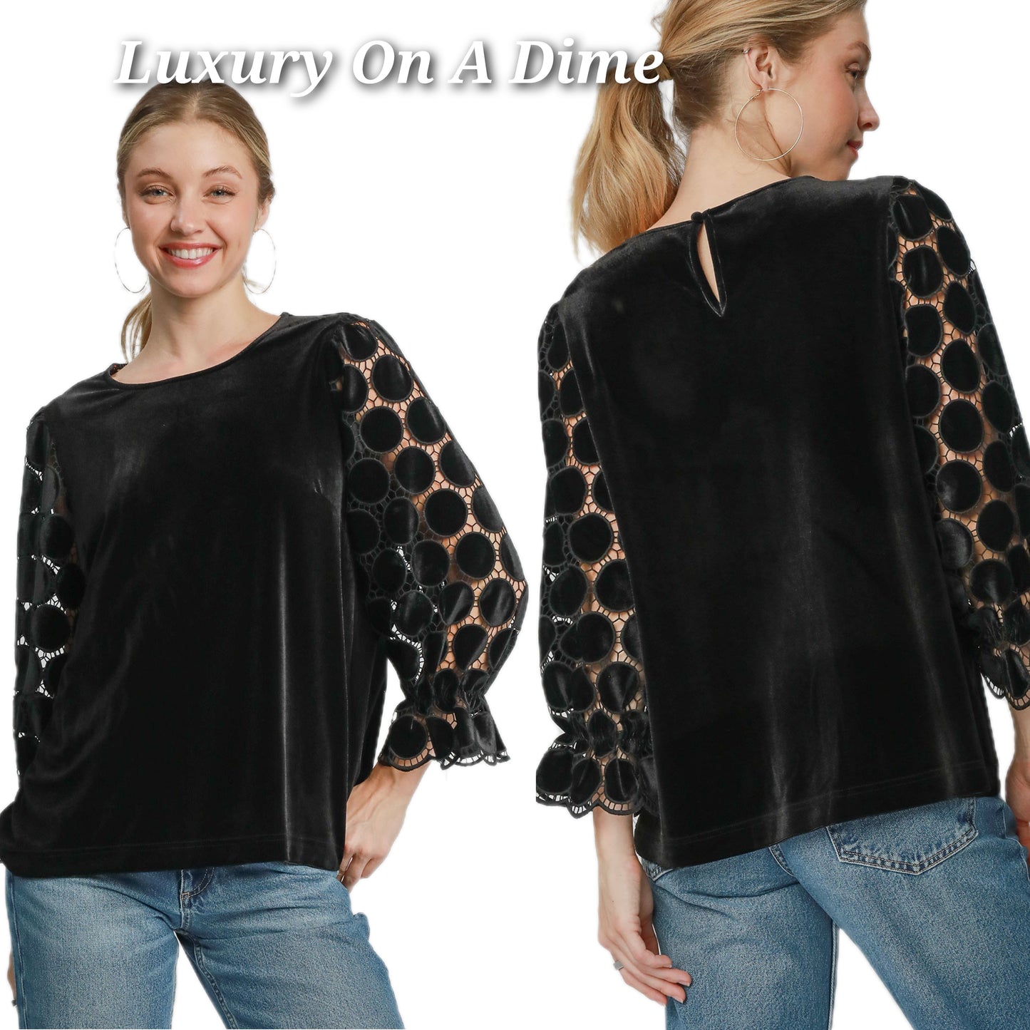 Umgee Lace Velvet Retro Top Sheer Polka-dot Ruffle Long Sleeve Shirt Boho Blouse