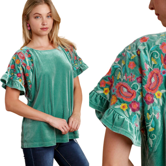 Umgee Velvet Embroidered Floral 70s Retro Shirt Ruffle Top Short Sleeve Blouse