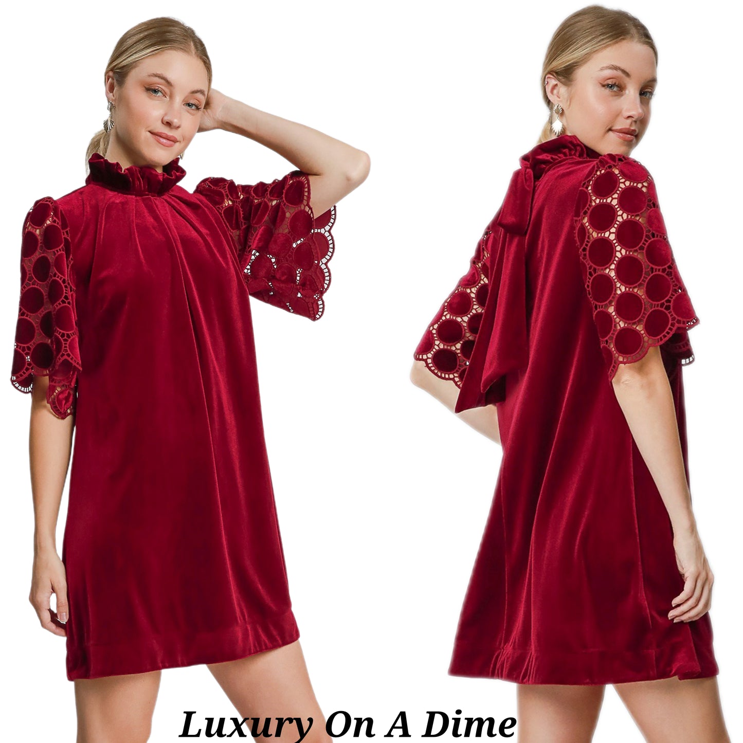 Umgee Velvet Polka-dot Lace Trapeze Ruffle Mock Neck Bow Mini Shift Dress