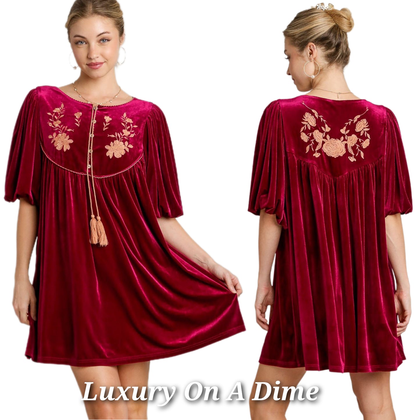 Umgee Velvet Rose Embroidered Floral Tassel Half Sleeve Trapeze Mini Dress