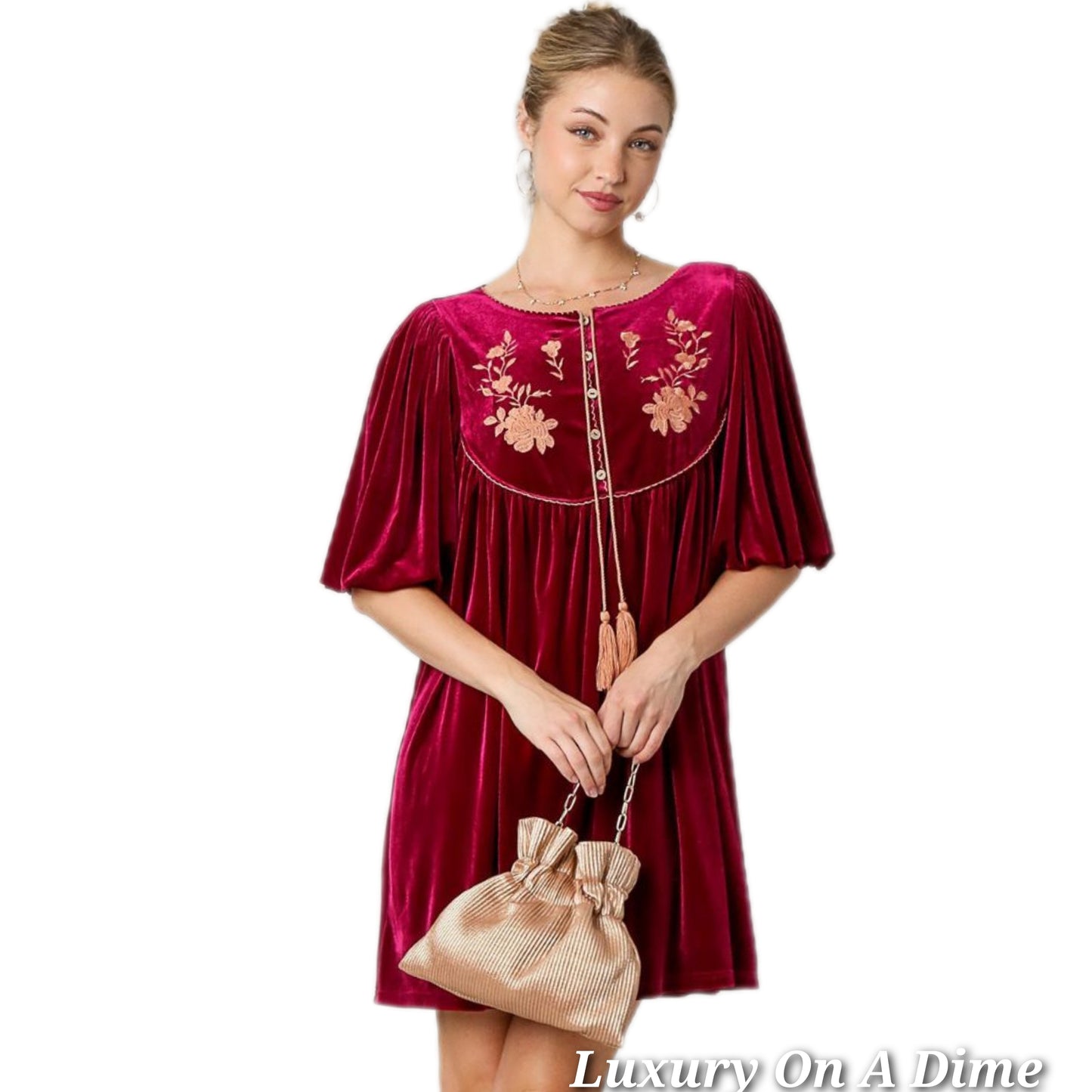 Umgee Velvet Rose Embroidered Floral Tassel Half Sleeve Trapeze Mini Dress