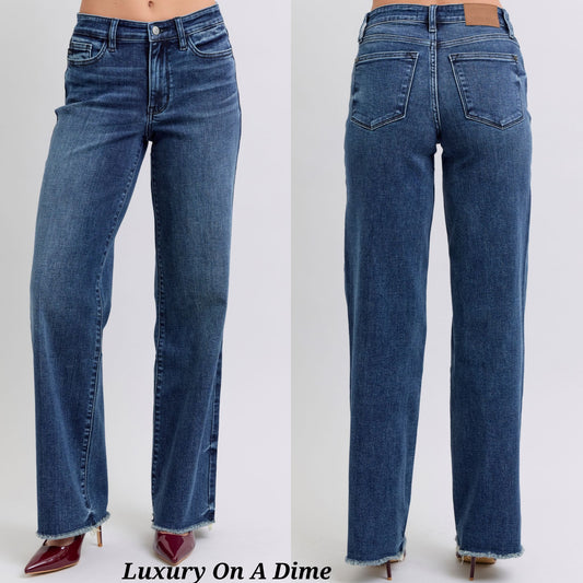 Judy Blue Mid-Rise Straight Leg Boyfriend Relaxed Jeans Raw Hem Denim Pants