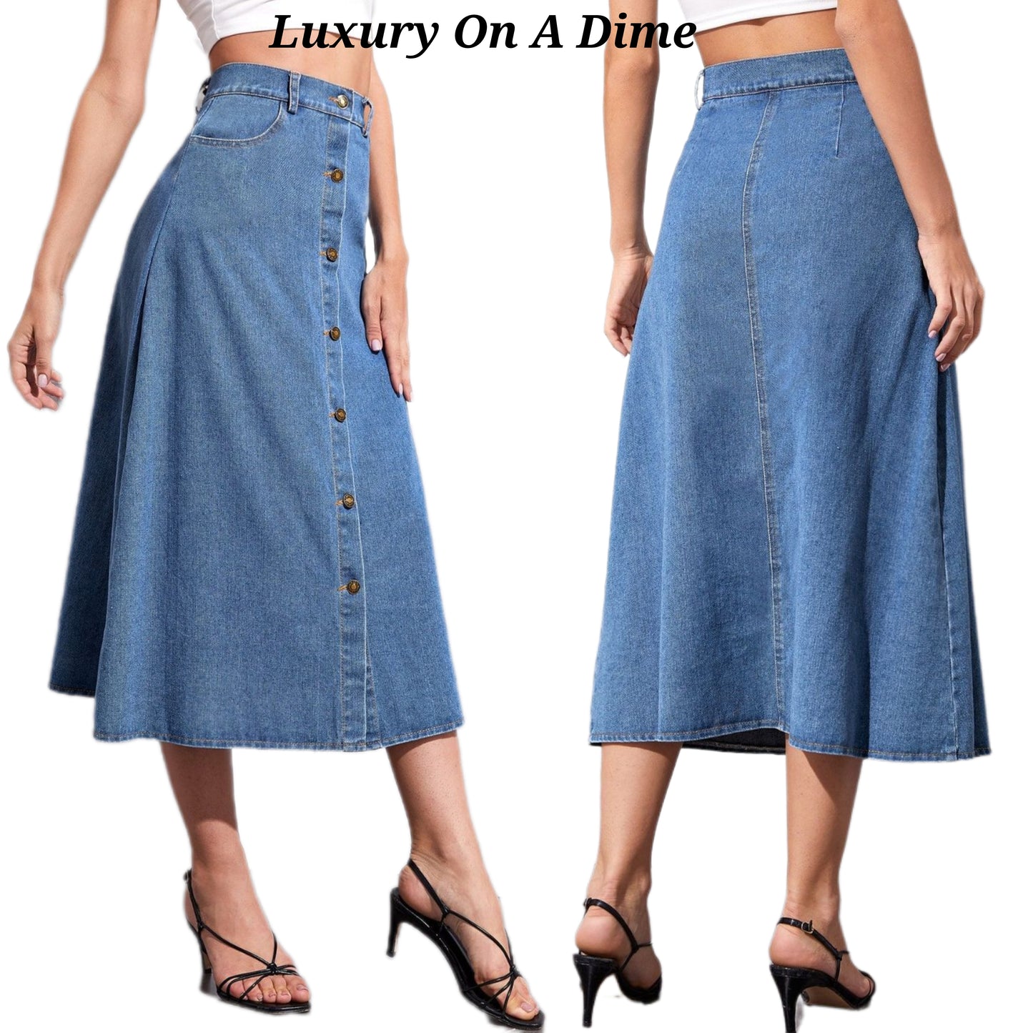 Button Front High-Rise Midi Retro Flare A-line Poque Blue Jean Denim Skirt Pockets