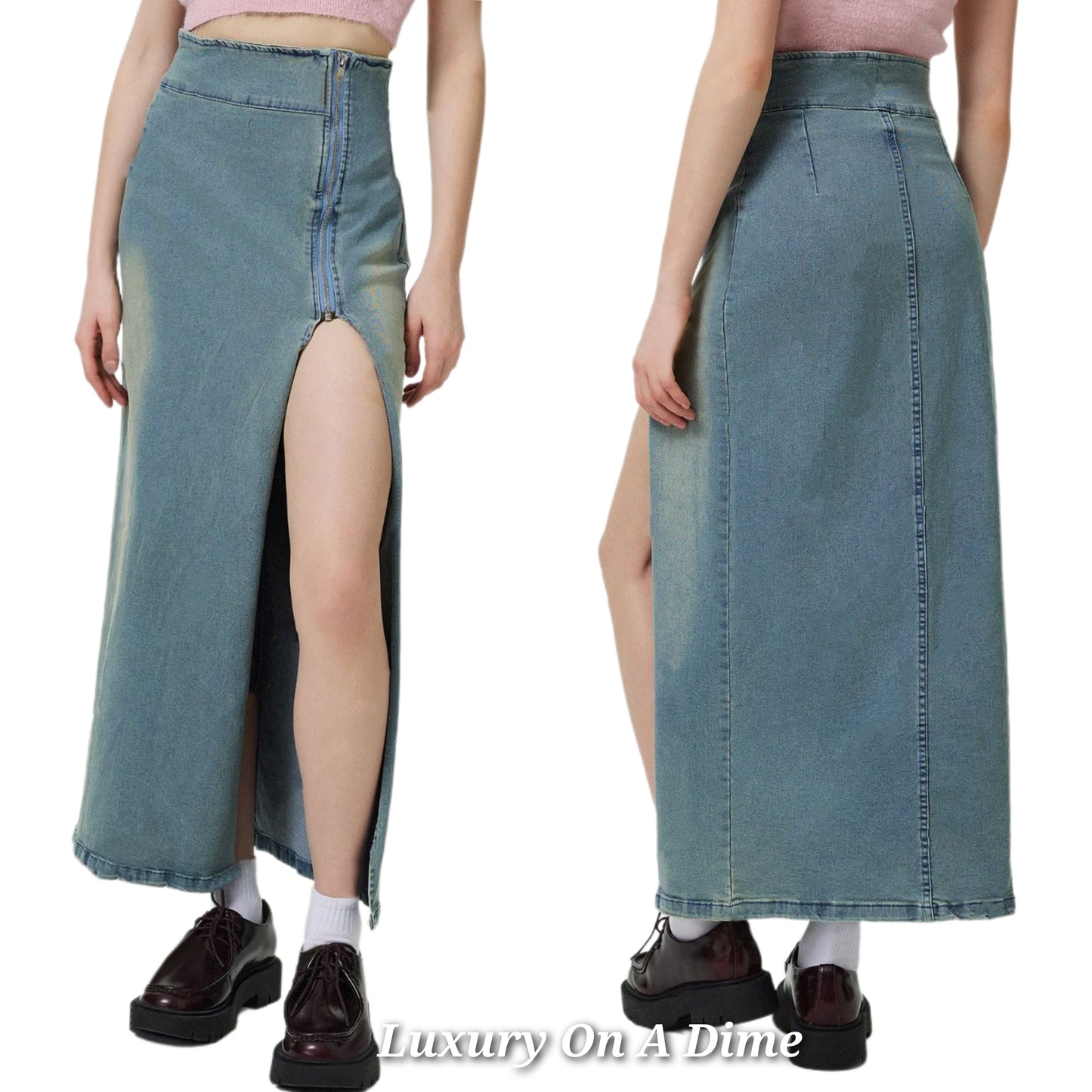 Zipper High-Rise Asymmetrical Cutout Slit Bent Seam Denim Retro Jean Midi Skirt