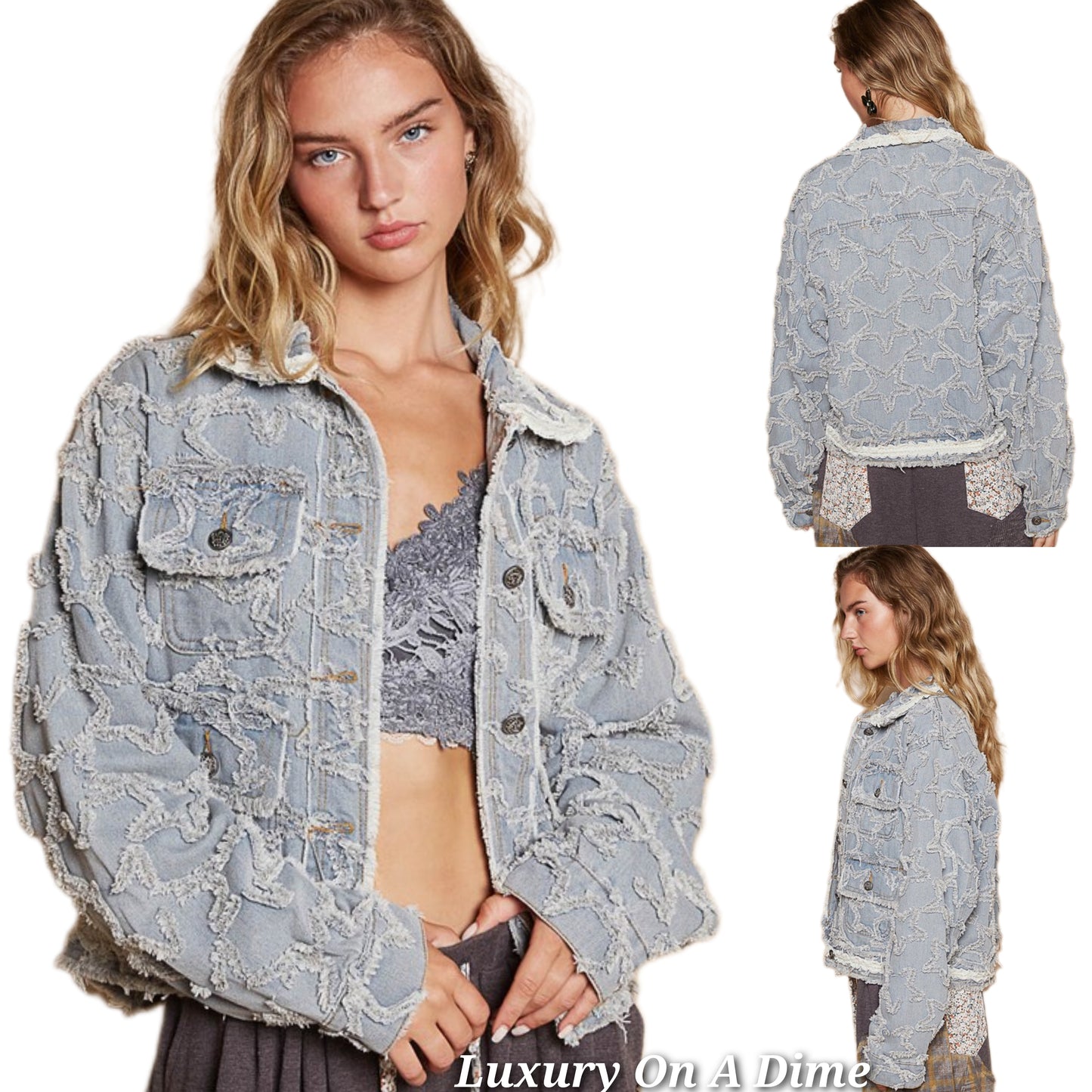 POL Star Distressed Denim Lace Collar Frayed Large Pocket Button Cotton Jacket