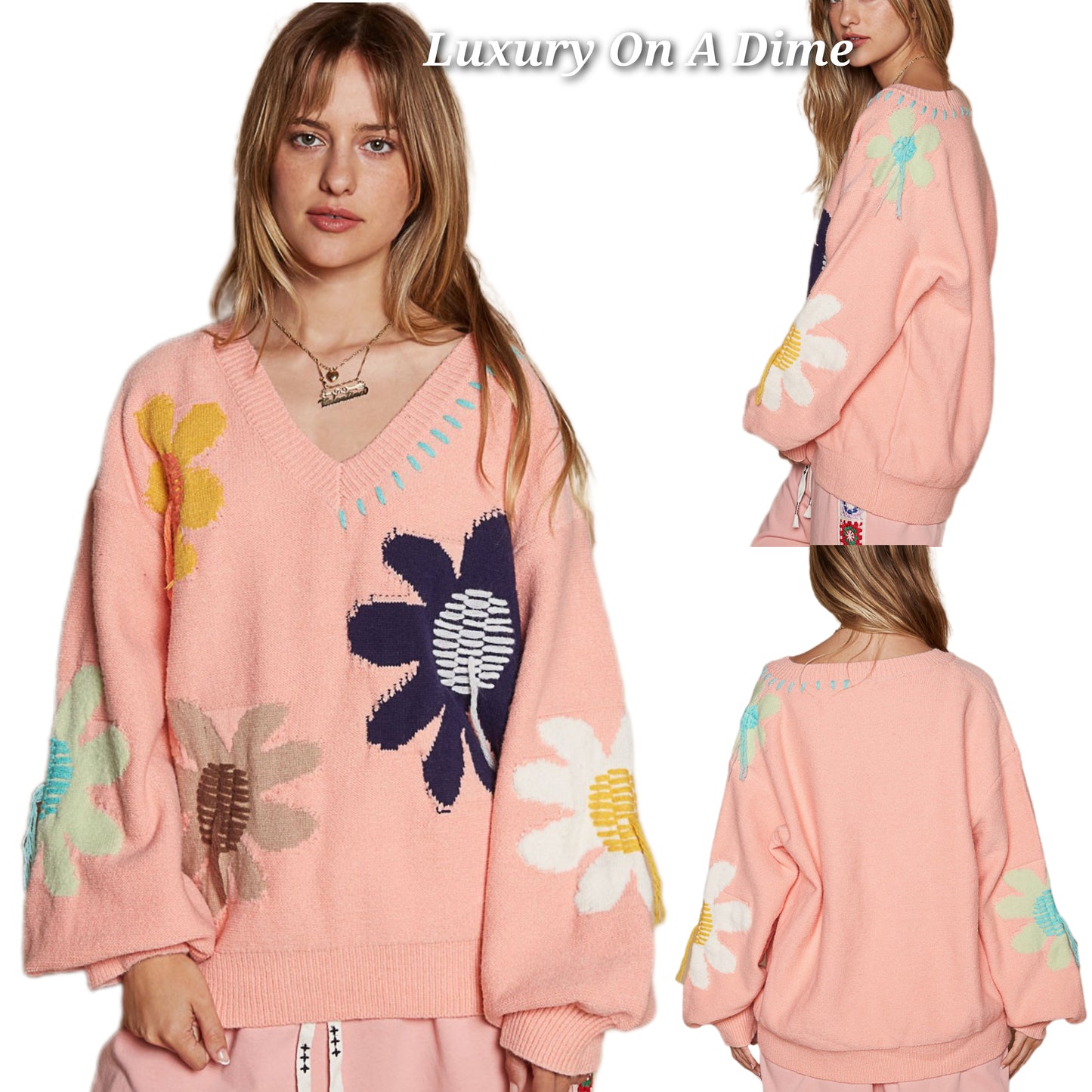 POL Daisy Fringe Retro Contrast Flower Top Embroidered Pullover Knit Sweater