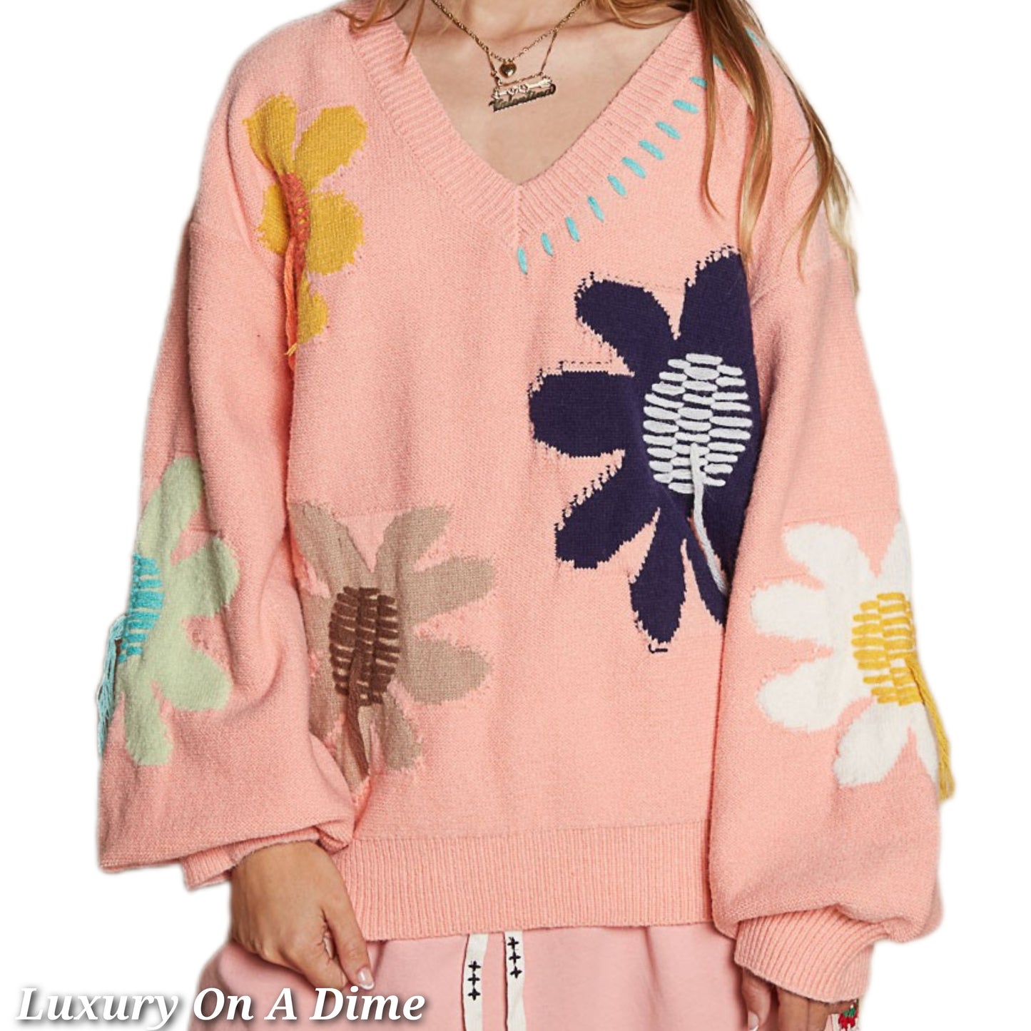 POL Daisy Fringe Retro Contrast Flower Top Embroidered Pullover Knit Sweater