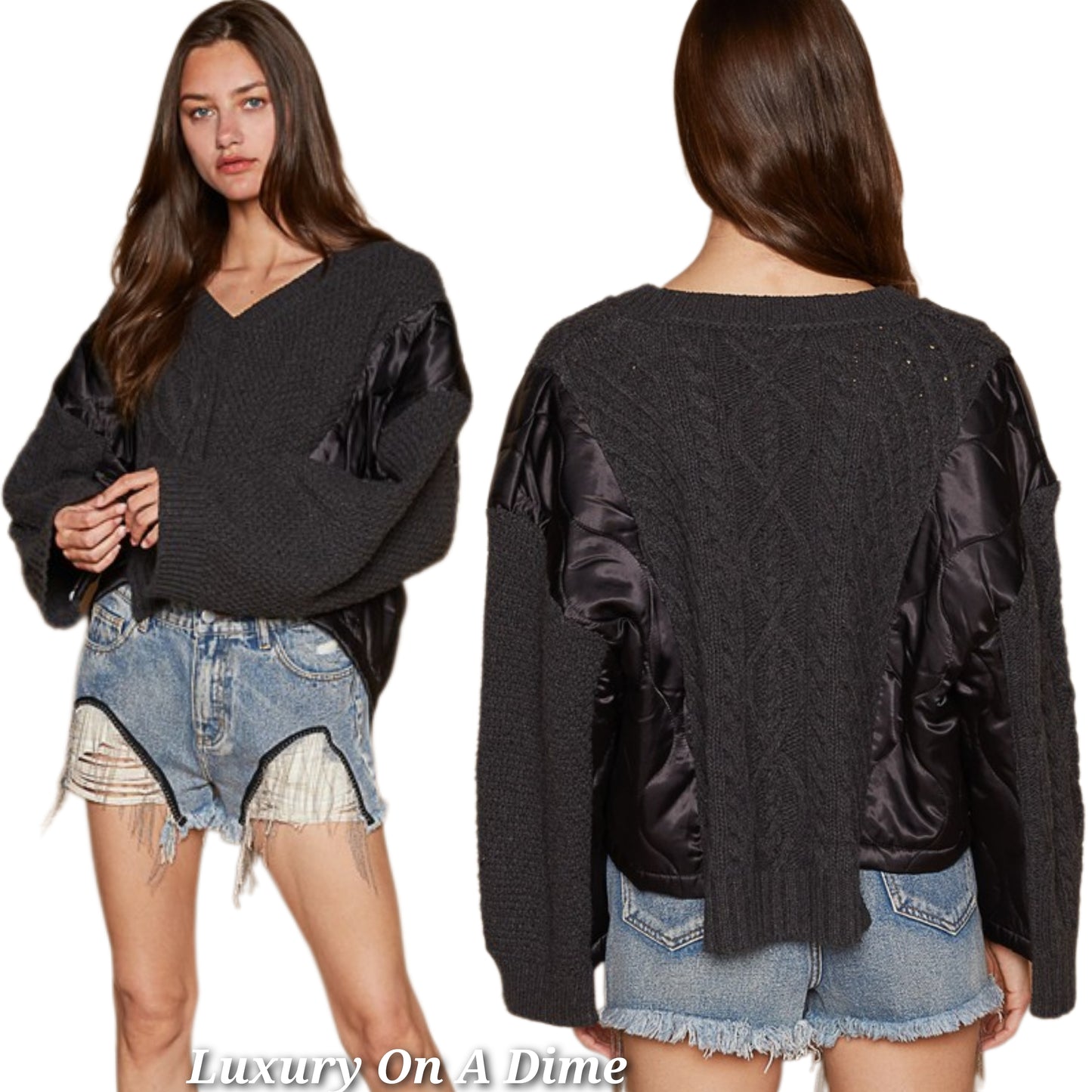 POL Quilted Waffle Cable Knit Patchwork High-low Top Long Sleeve Crop Sweater