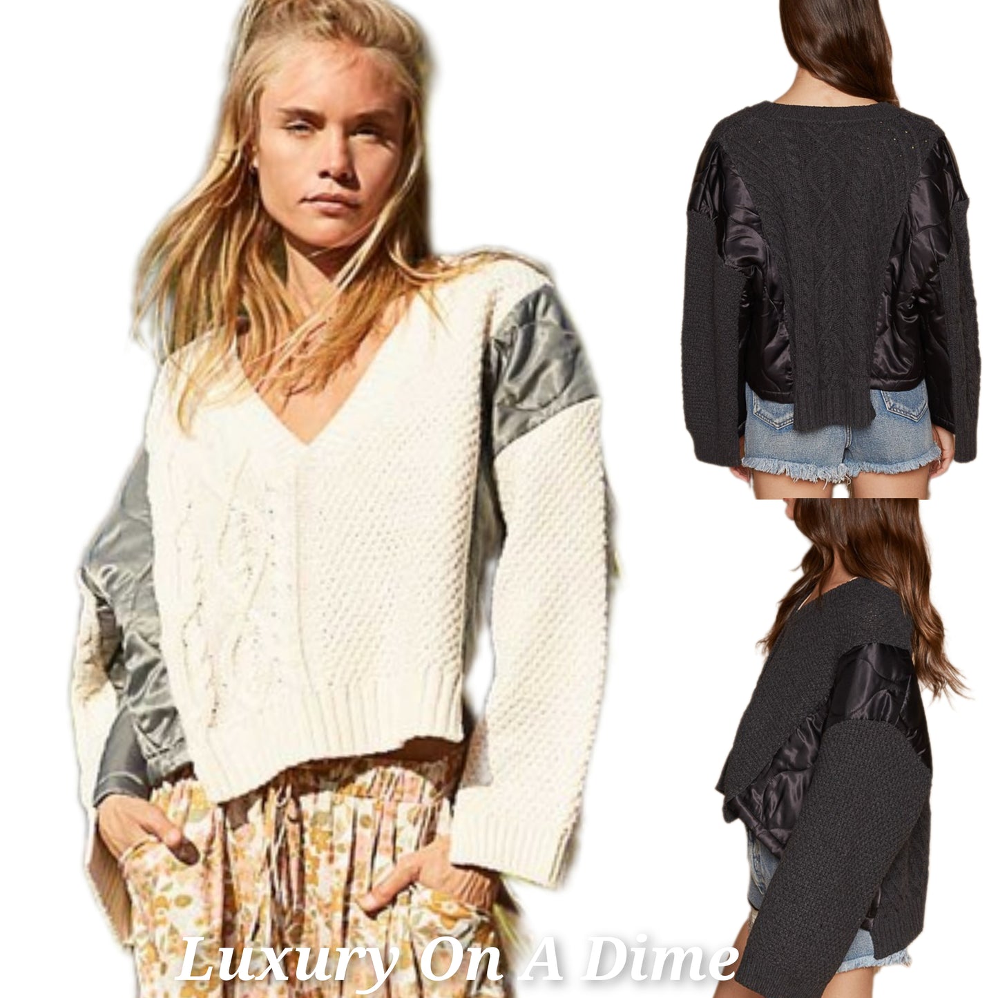 POL Quilted Waffle Cable Knit Patchwork High-low Top Long Sleeve Crop Sweater