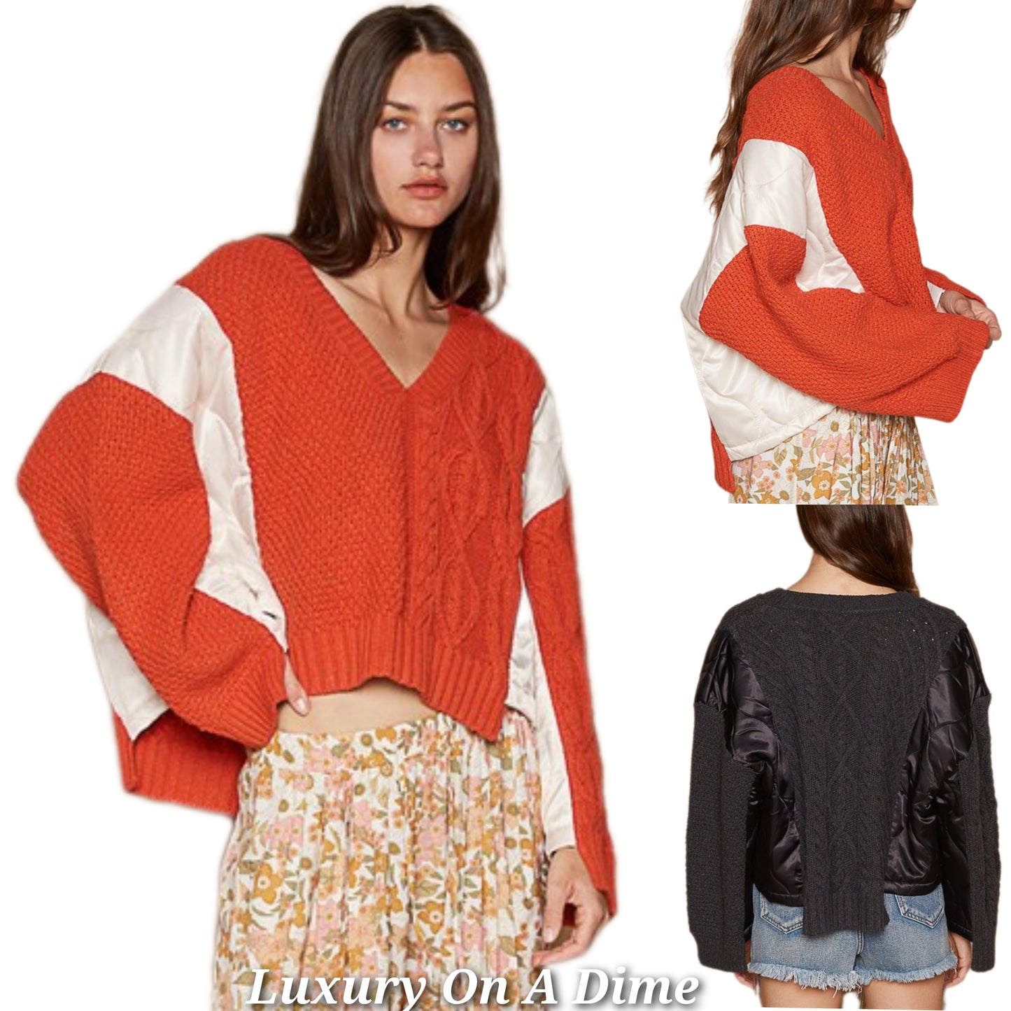 POL Quilted Waffle Cable Knit Patchwork High-low Top Long Sleeve Crop Sweater