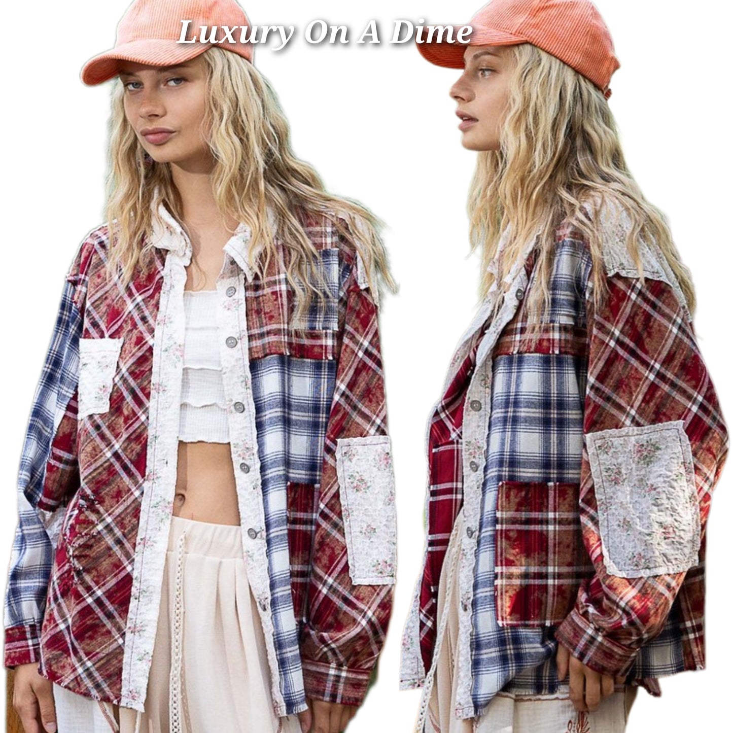 POL Shacket Floral Plaid Patchwork Oversized Long Sleeve Button-Up Shirt Jacket