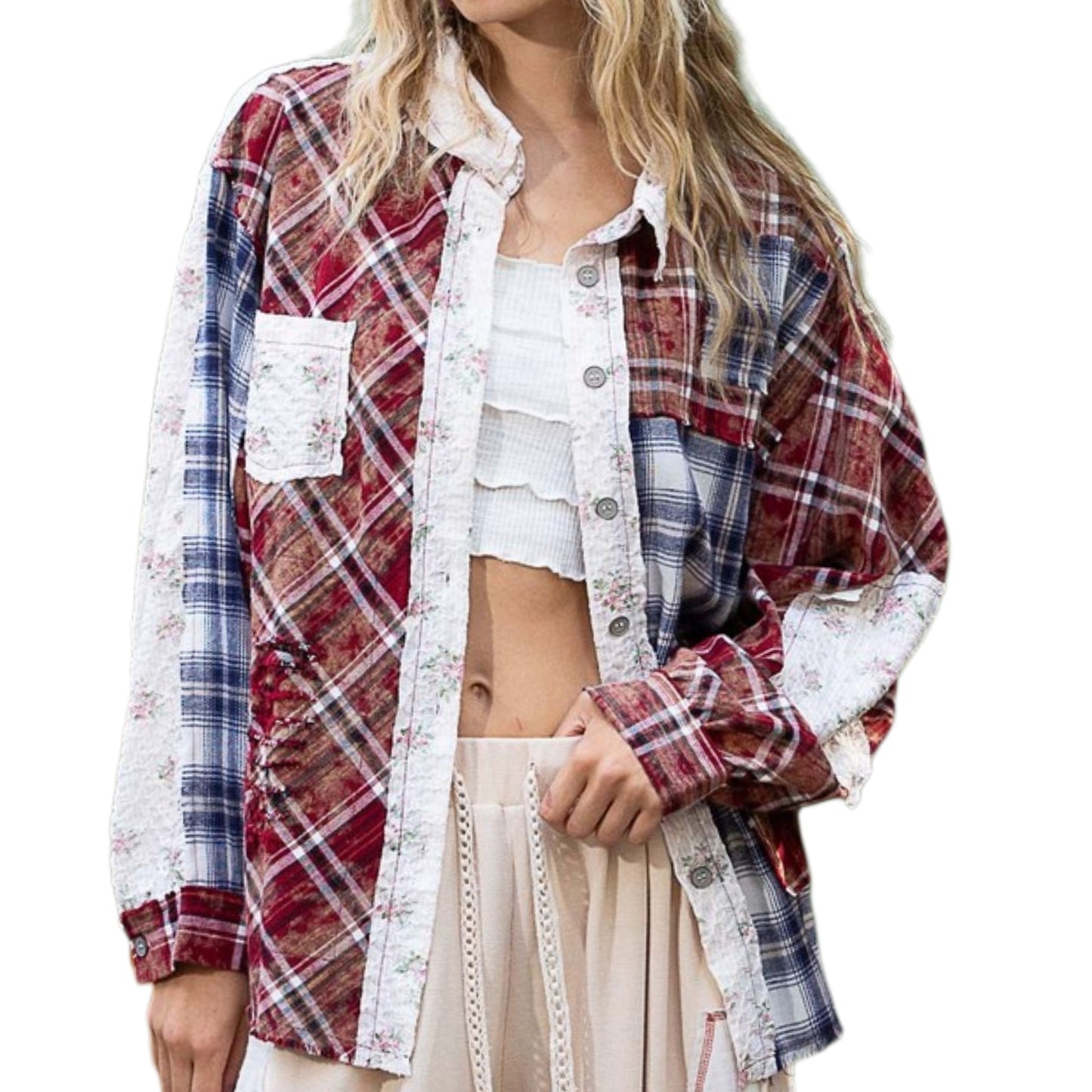 POL Shacket Floral Plaid Patchwork Oversized Long Sleeve Button-Up Shirt Jacket