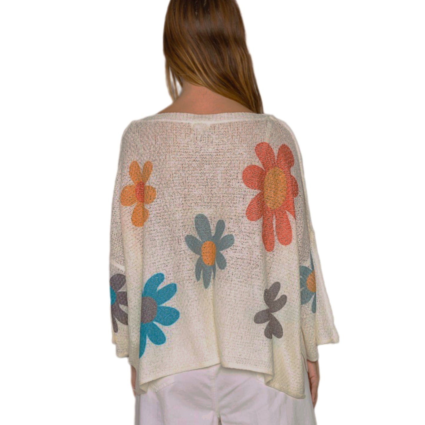 POL Daisy Retro Colorful Contrast Flower Top Oversized Shirt Pullover Knit Sweater