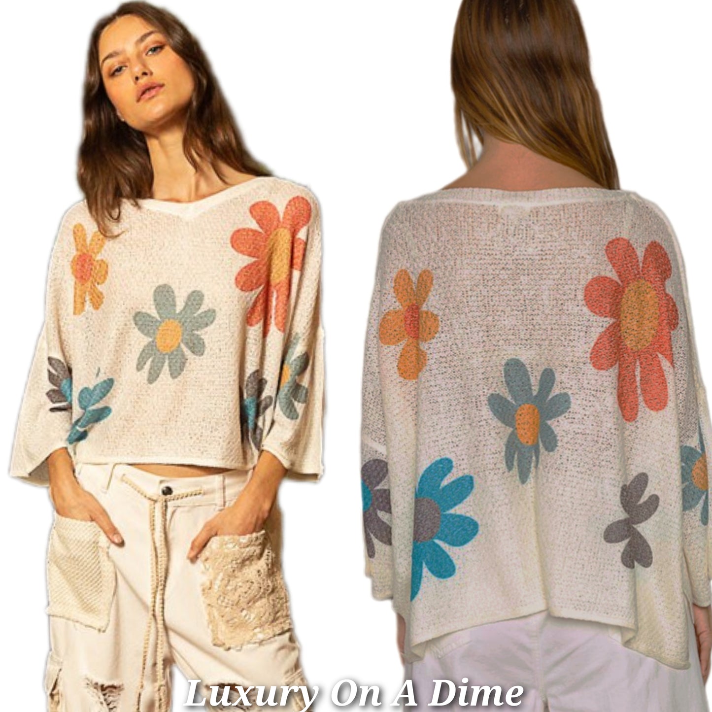 POL Daisy Retro Colorful Contrast Flower Top Oversized Shirt Pullover Knit Sweater