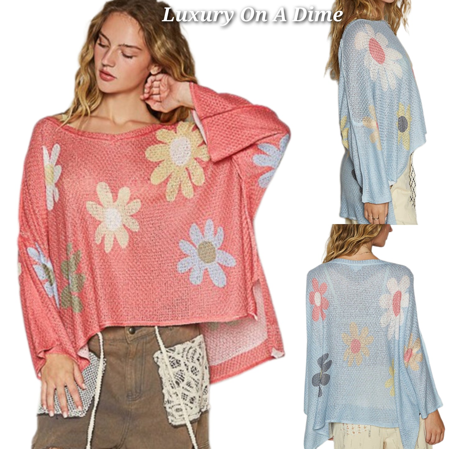 POL Daisy Retro Color Contrast Flower Top Oversized Shirt Pullover Knit Sweater