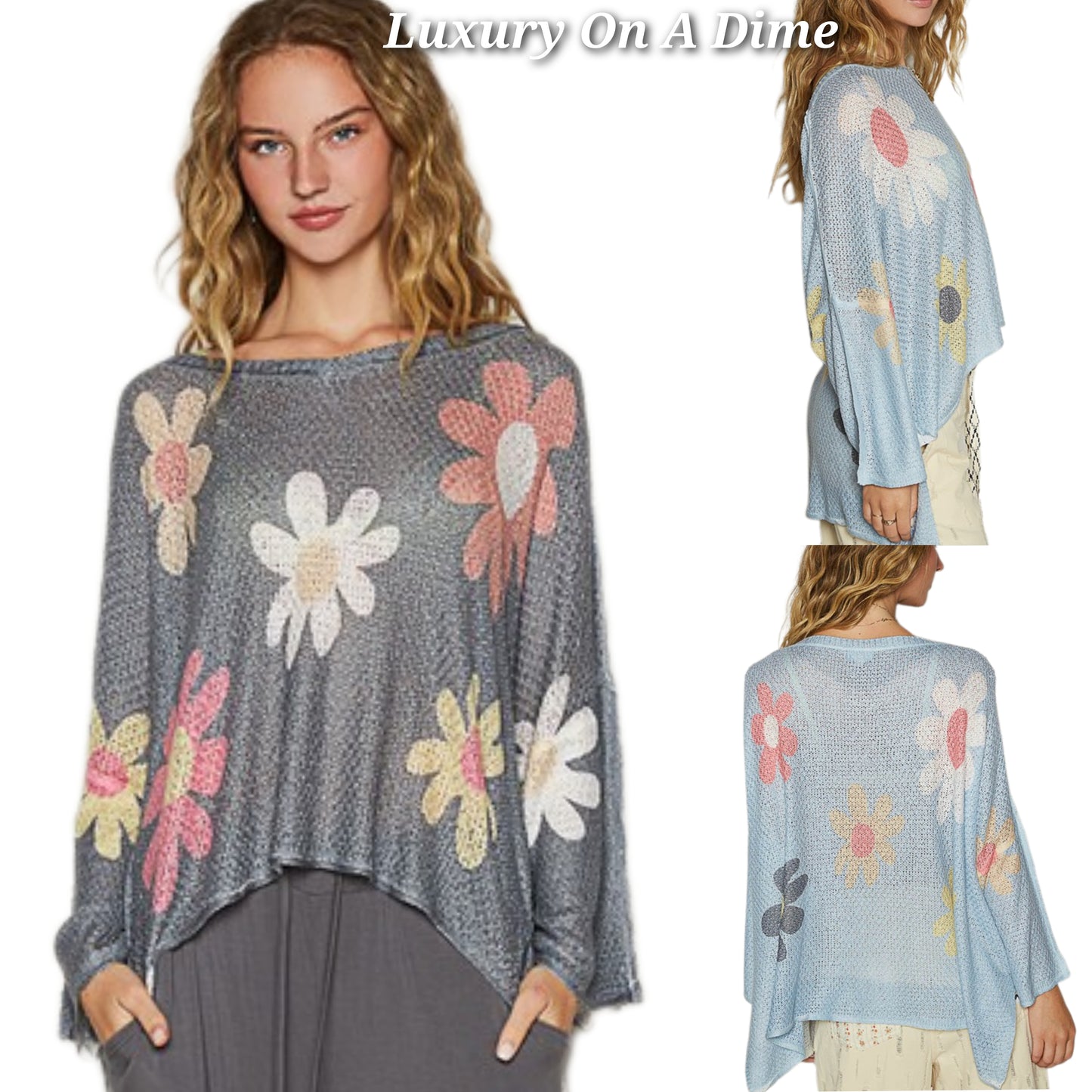 POL Daisy Retro Color Contrast Flower Top Oversized Shirt Pullover Knit Sweater