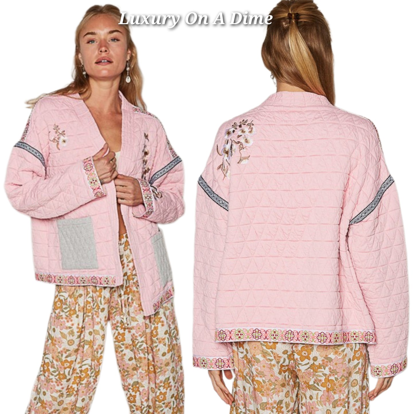 POL Quilted Granny Floral Embroidered Patchwork Oversized Pocket Bohemian Jacket