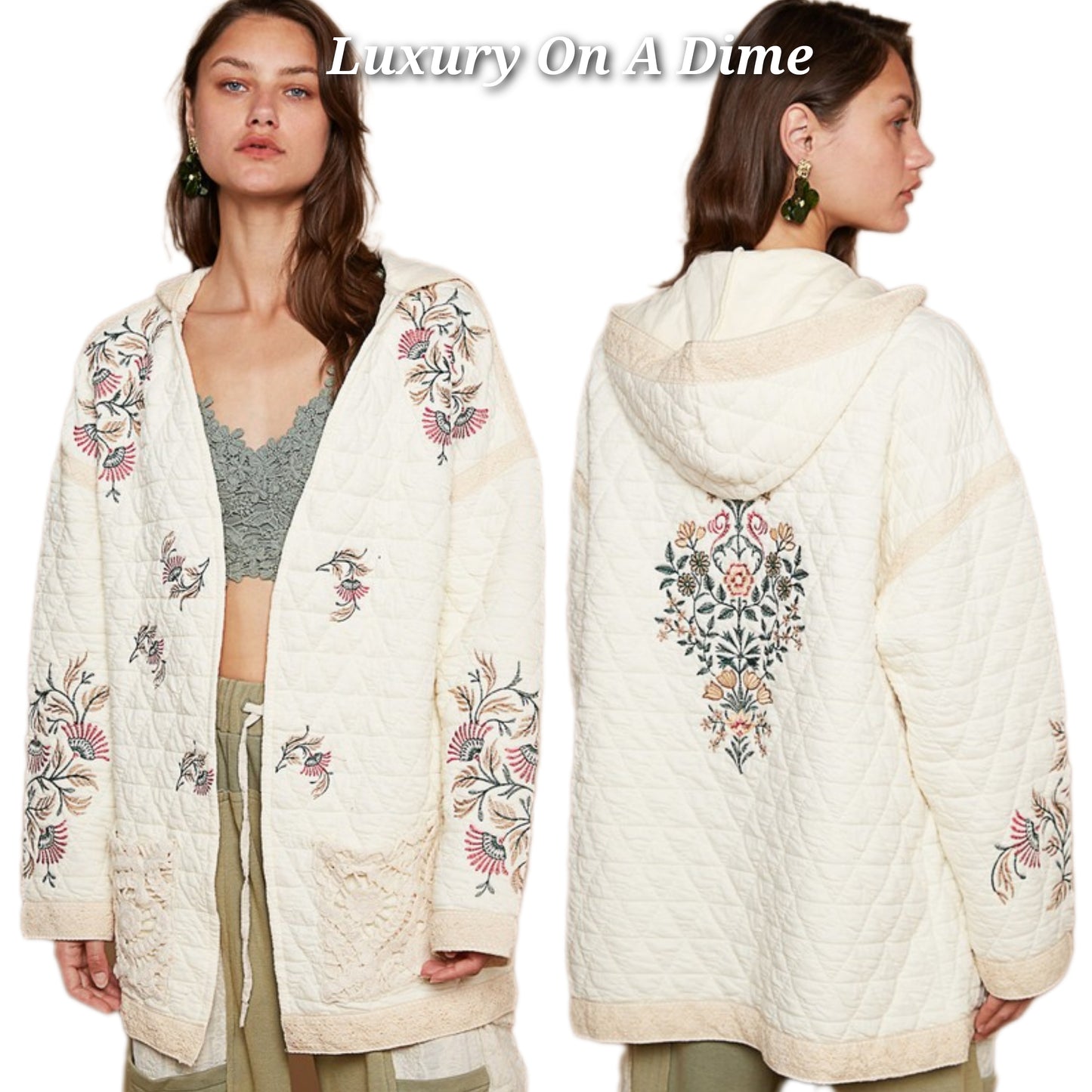 POL Hooded Floral Embroidered Quilted Patchwork Oversized Bohemian Jacket