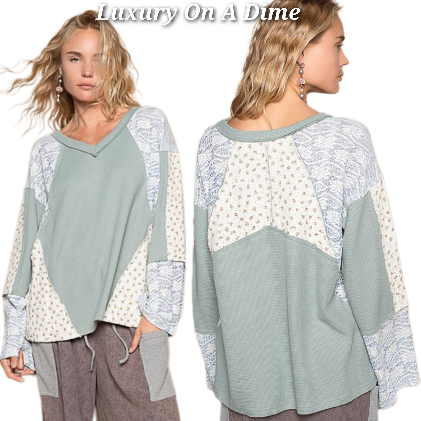 POL Waffle Knit Lace Patchwork Granny Floral Top Oversized Boho Sweater Shirt