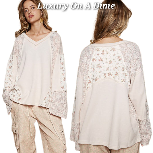 POL Waffle Knit Lace Patchwork Granny Floral Top Oversized Boho Sweater Shirt