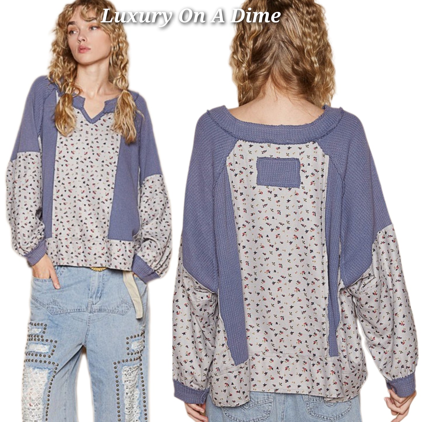 POL Retro Waffle Knit Granny Floral Top Patchwork Oversized Boho Sweater Shirt