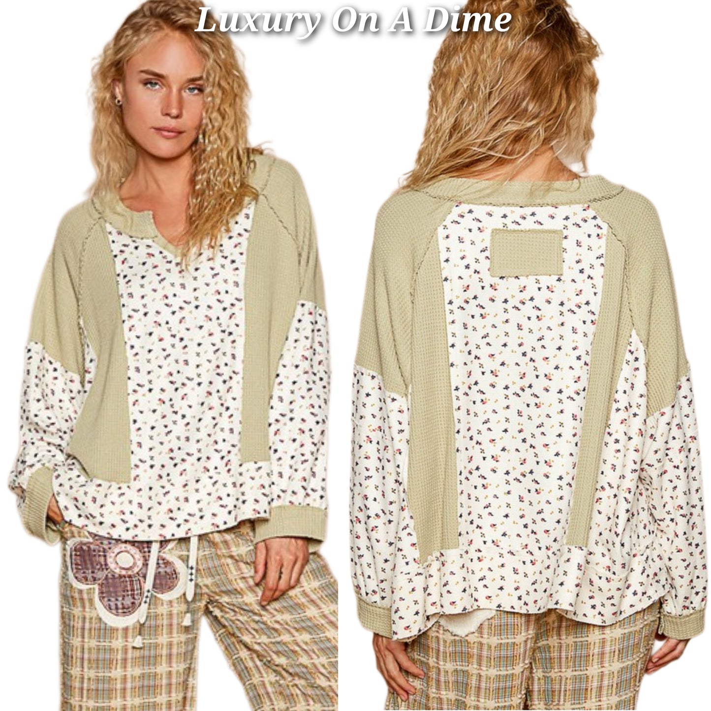 POL Retro Waffle Knit Granny Floral Top Patchwork Oversized Boho Sweater Shirt