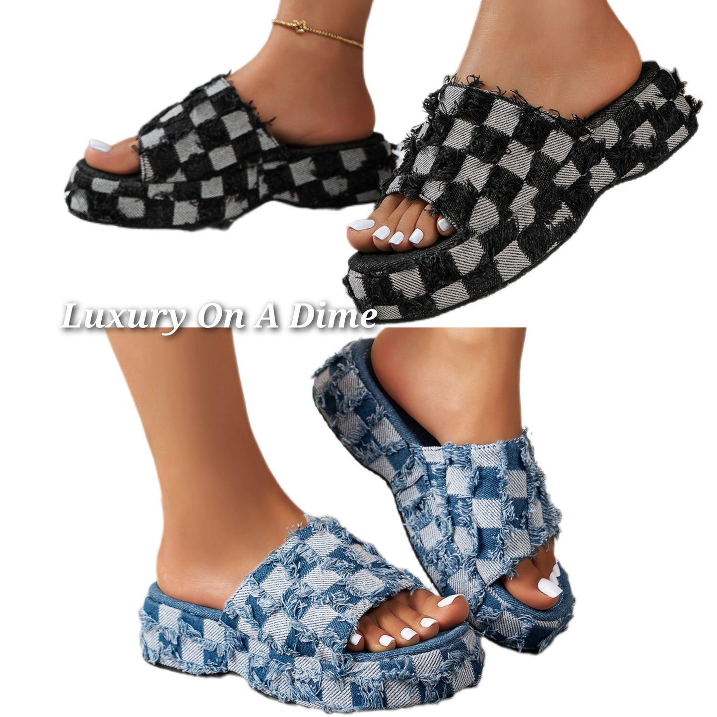 Frayed Denim Platform Sandals Distressed Checker Fringe Slip-on Boho Open-toe Grunge