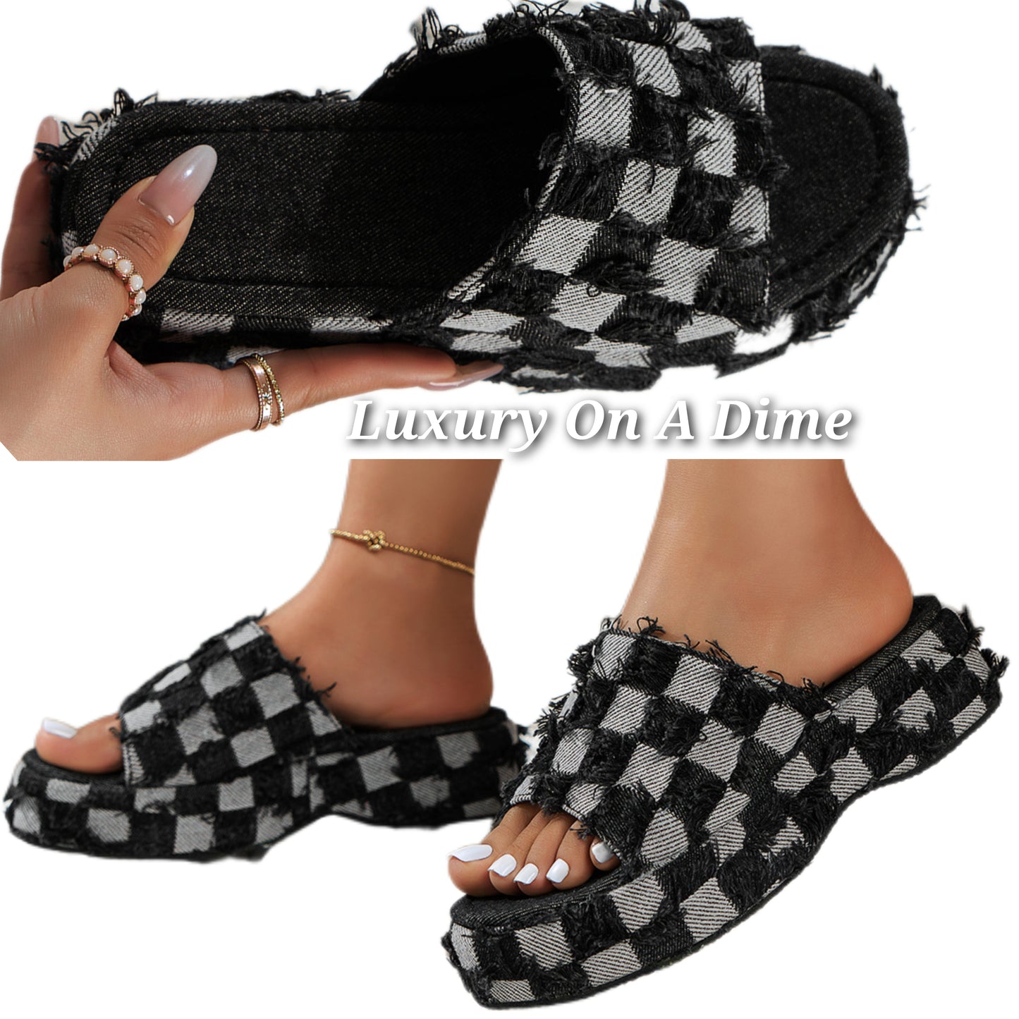 Frayed Denim Platform Sandals Distressed Checker Fringe Slip-on Boho Open-toe Grunge