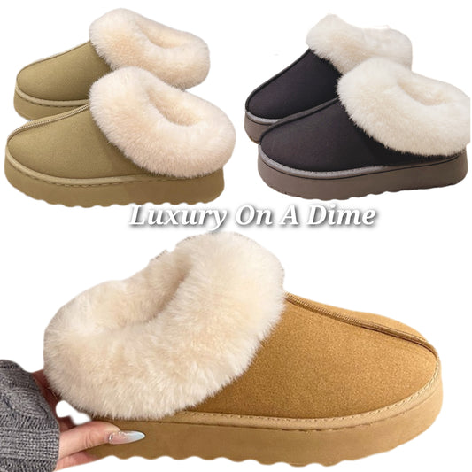 Platform Slippers Tazzette Plush Faux Fur Collar Slip-on Vegan Suede Winter Shoes