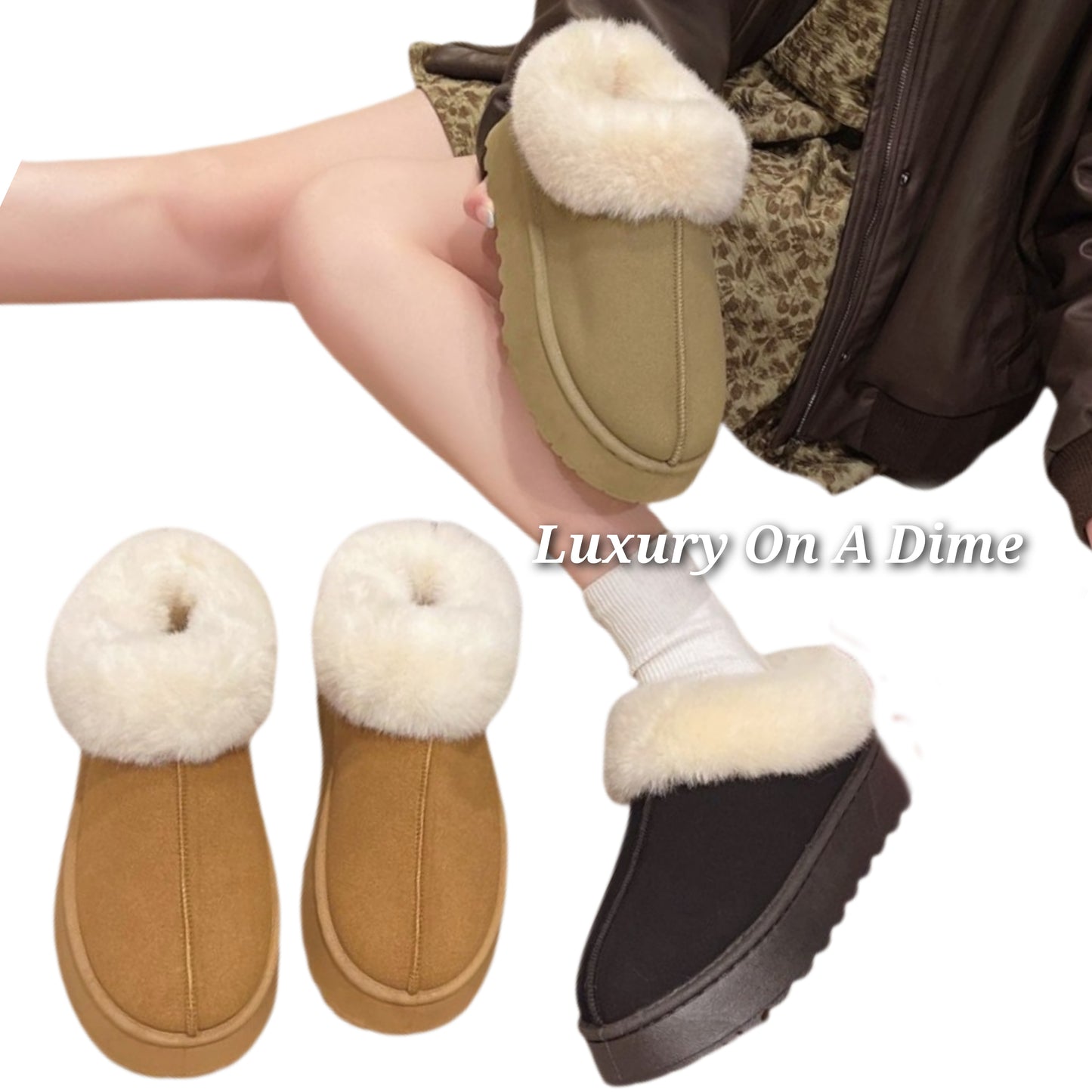 Platform Slippers Tazzette Plush Faux Fur Collar Slip-on Vegan Suede Winter Shoes