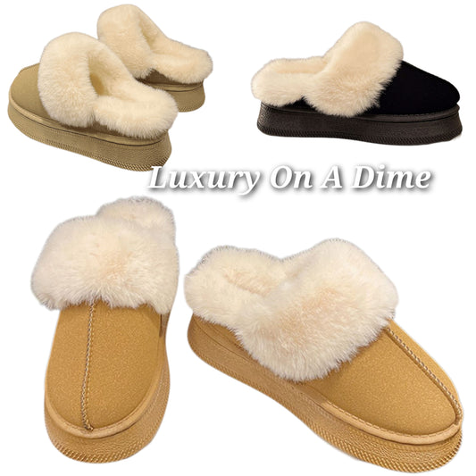 Platform Disqette Plush Faux Fur Collar Slip-on Slippers Vegan Suede Winter Shoes