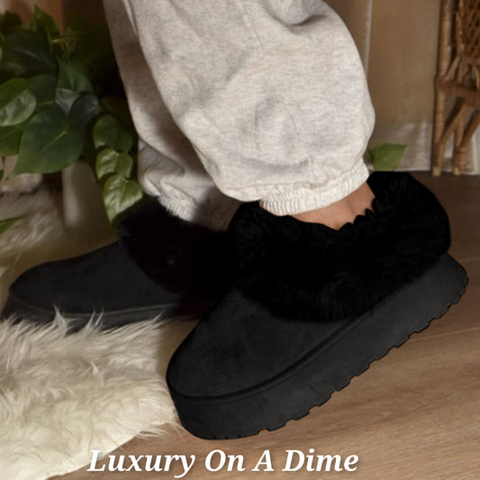 Wild Diva Platform Slippers Tazzette Plush Faux Fur Boots Slip-on Vegan Suede Shoes