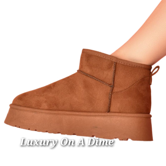 Wild Diva Platform Classic Mini Boots Faux Fur Slip-on Ankle Bootie Winter Shoes Caramel Brown