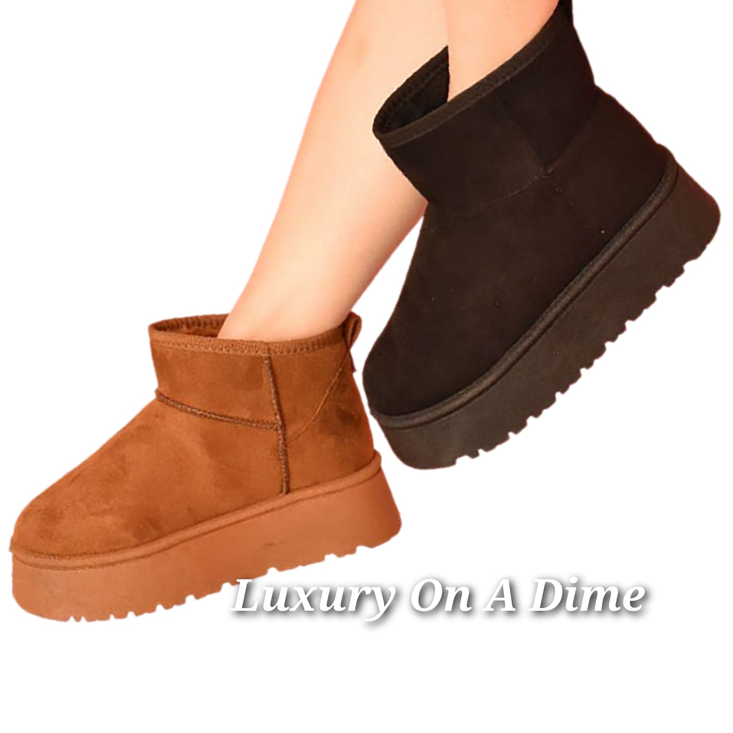 Wild Diva Platform Classic Mini Boots Faux Fur Slip-on Ankle Bootie Winter Shoes Caramel Brown