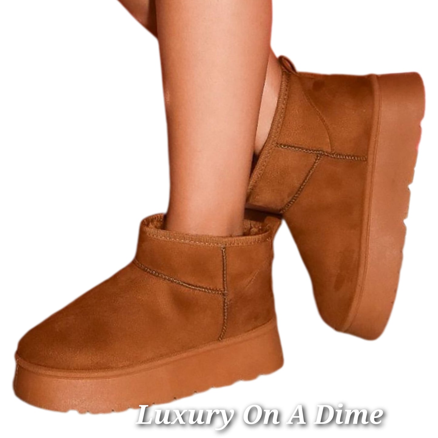 Wild Diva Platform Classic Mini Boots Faux Fur Slip-on Ankle Bootie Winter Shoes Caramel Brown