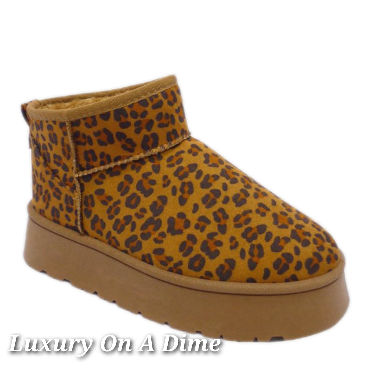 Wild Diva Platform Classic Mini Boots Faux Fur Slip-on Ankle Bootie Winter Shoes Leopard