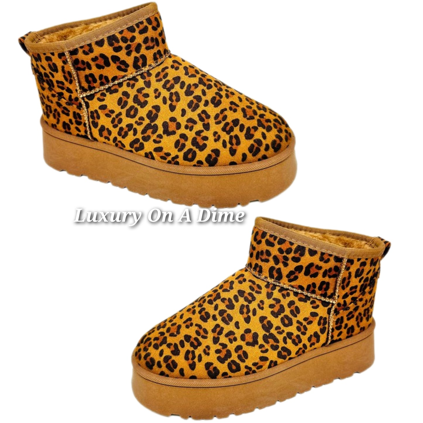 Wild Diva Platform Classic Mini Boots Faux Fur Slip-on Ankle Bootie Winter Shoes Leopard