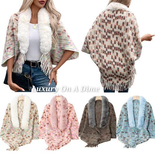 Plush Faux Fur Retro Fringe Hem Open Front Oversized Poncho Knit Cardigan