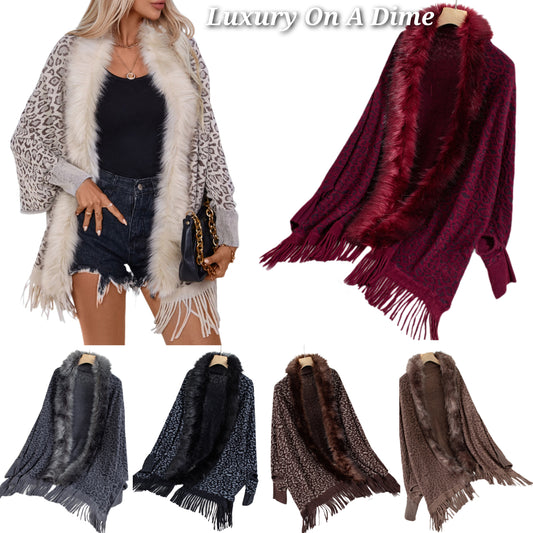 Plush Faux Fur Leopard Retro Fringe Oversized Poncho Knit Cardigan Jacket