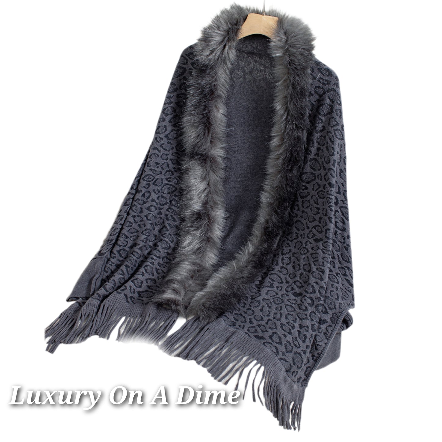 Plush Faux Fur Leopard Retro Fringe Oversized Poncho Knit Cardigan Jacket