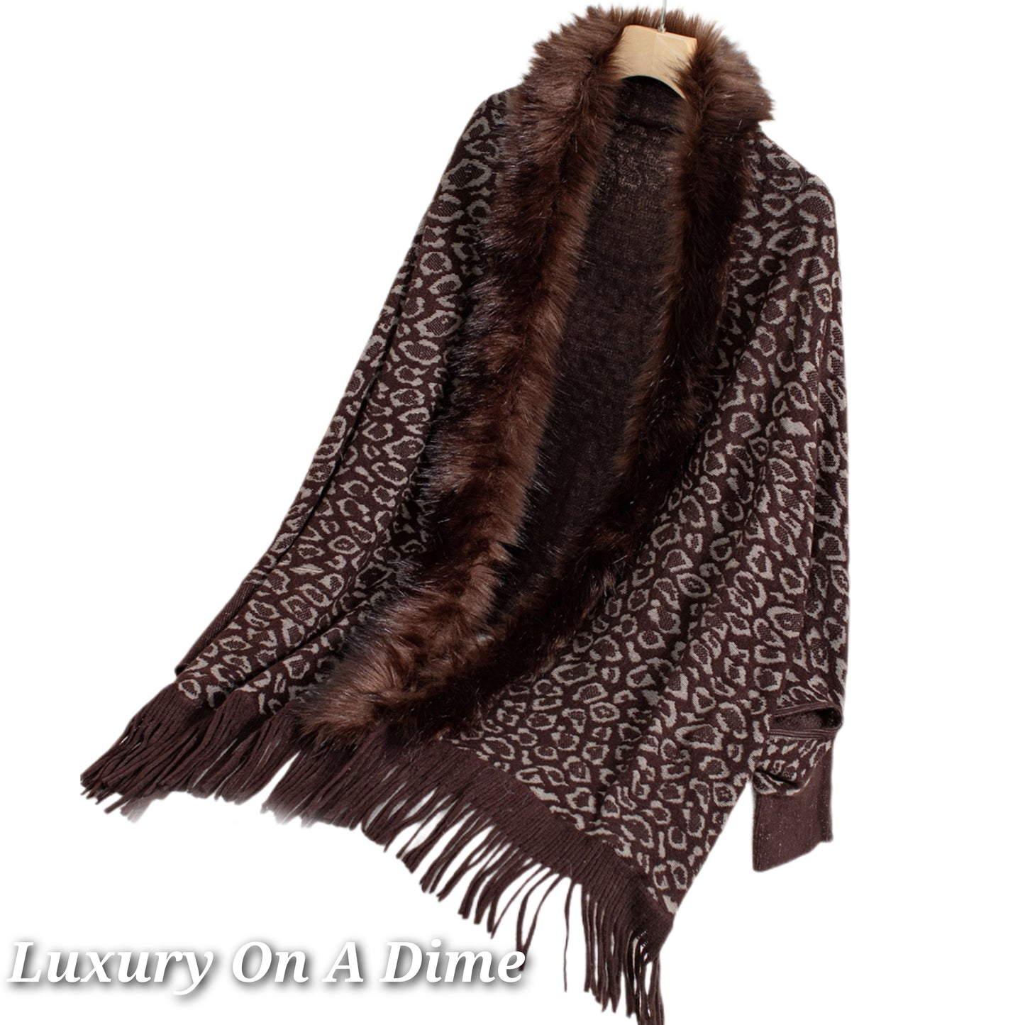 Plush Faux Fur Leopard Retro Fringe Oversized Poncho Knit Cardigan Jacket