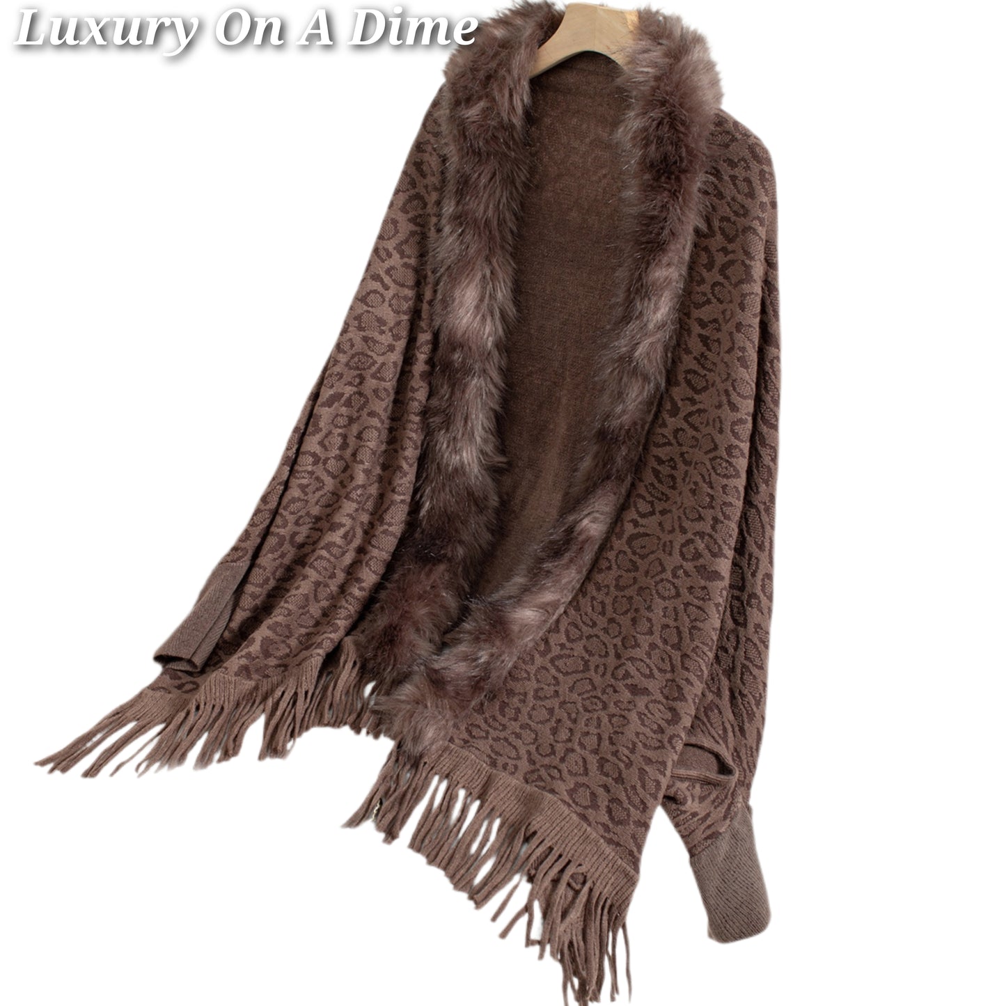 Plush Faux Fur Leopard Retro Fringe Oversized Poncho Knit Cardigan Jacket