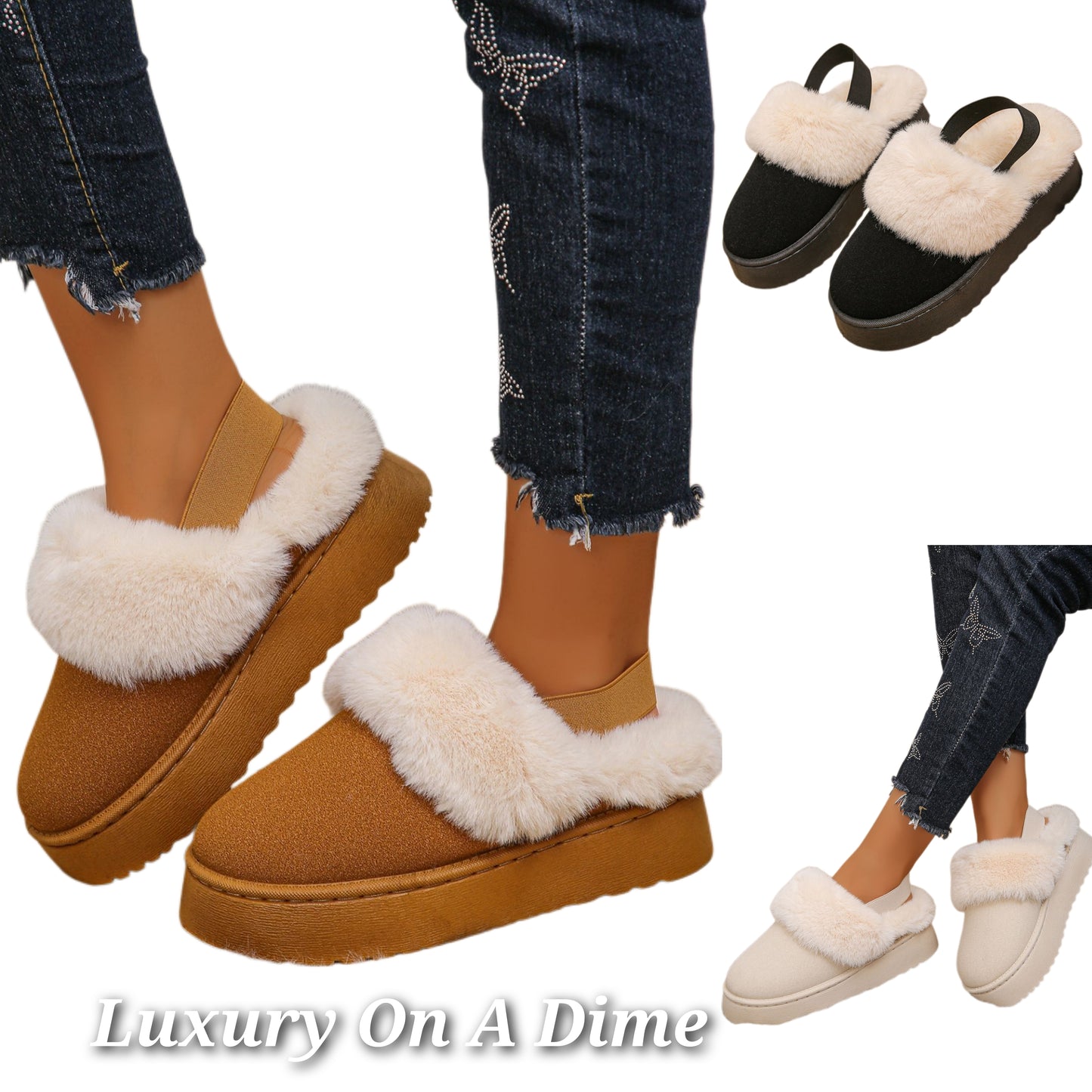 Platform Slippers Funkette Plush Faux Fur Slip-on Vegan Suede Ankle Strap Shoes