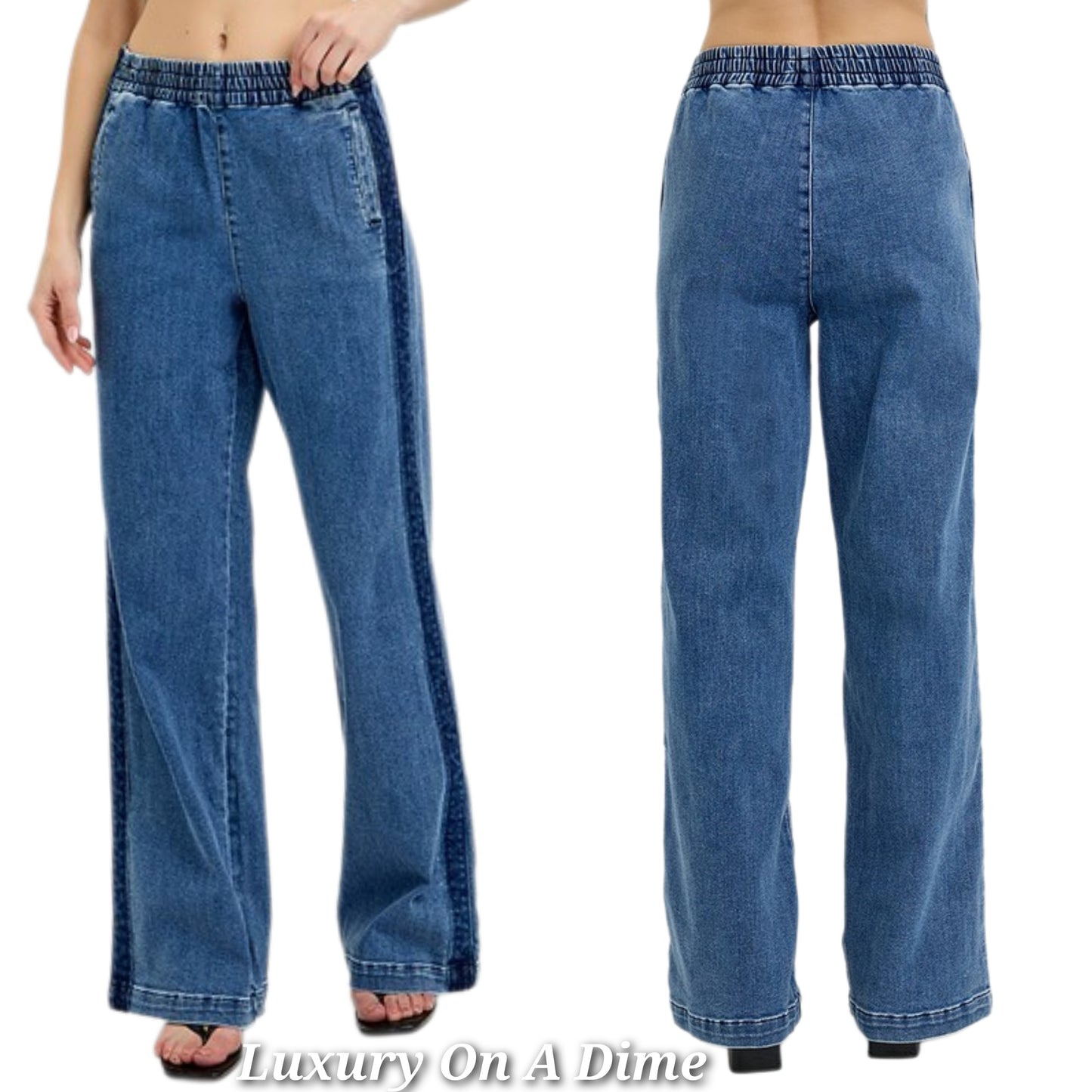 RISEN Retro Elastic Waist High-Rise Mom Jeans Relaxed Wide Leg Denim Pants