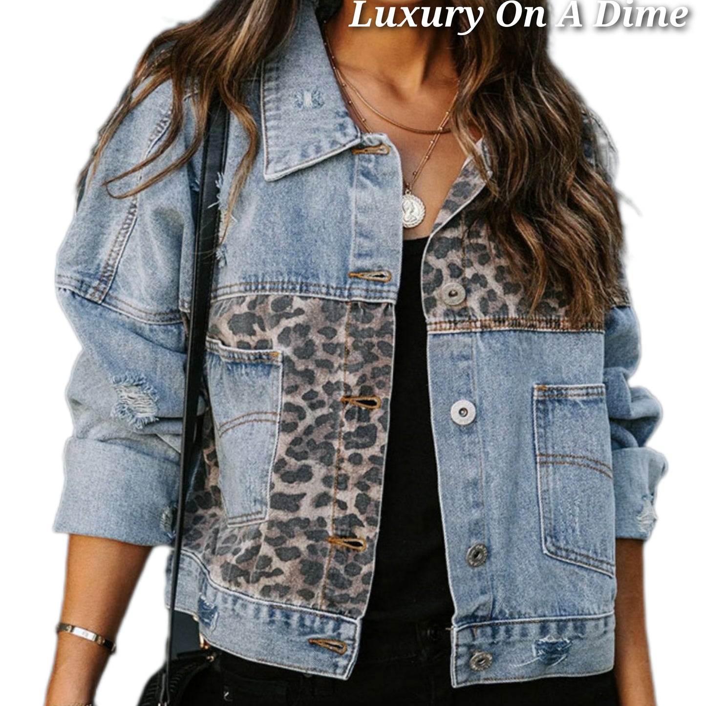 Retro Denim Leopard Patchwork Long Sleeve Distressed Blue Jean Button Jacket