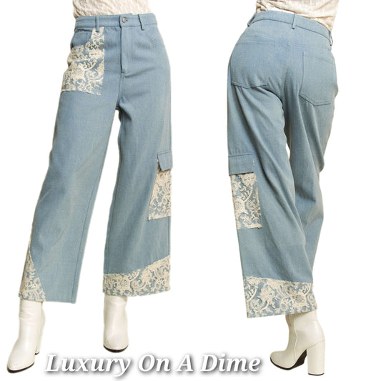 Davi & Dani Jeans Lace Cargo Patchwork High-Rise Relaxed Wide Leg Denim Pants