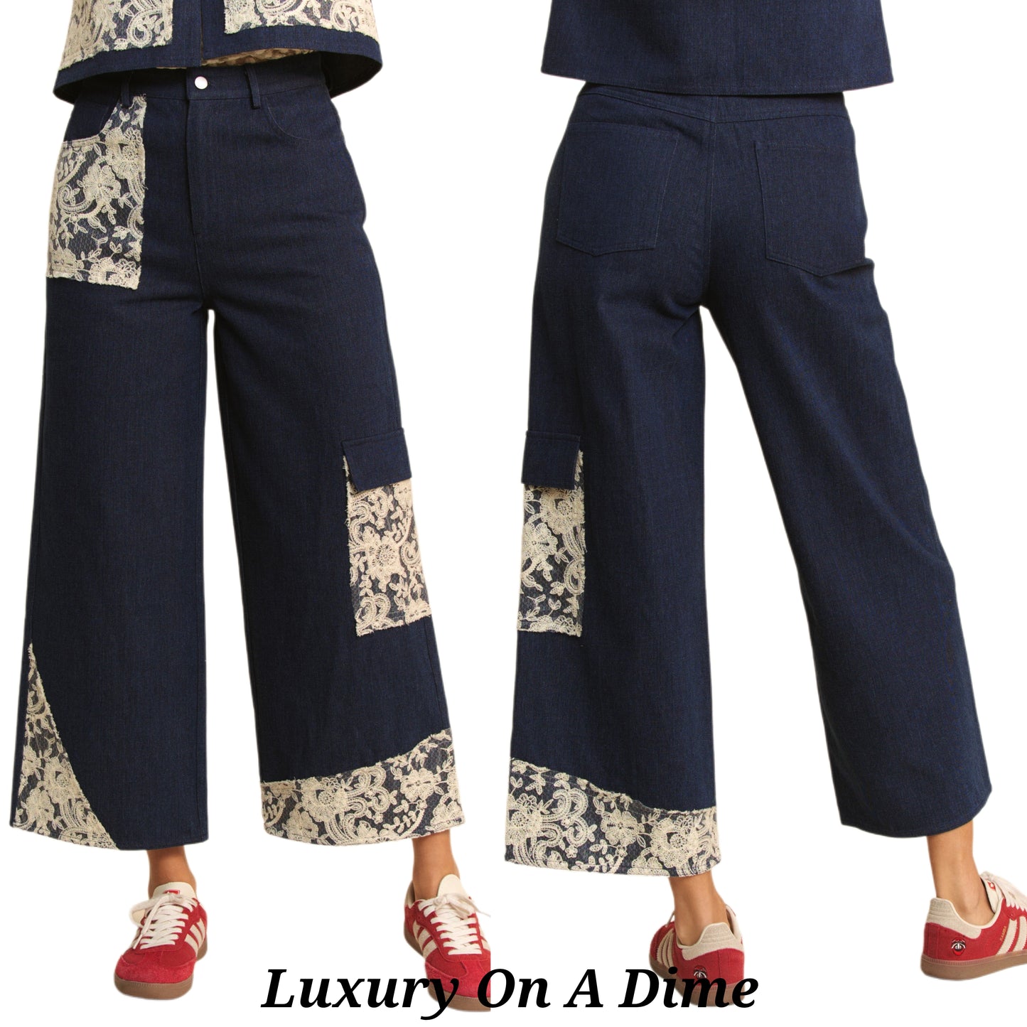 DAVI & DANI Jeans Lace Cargo Patchwork High-Rise Relaxed Wide Leg Denim Pants