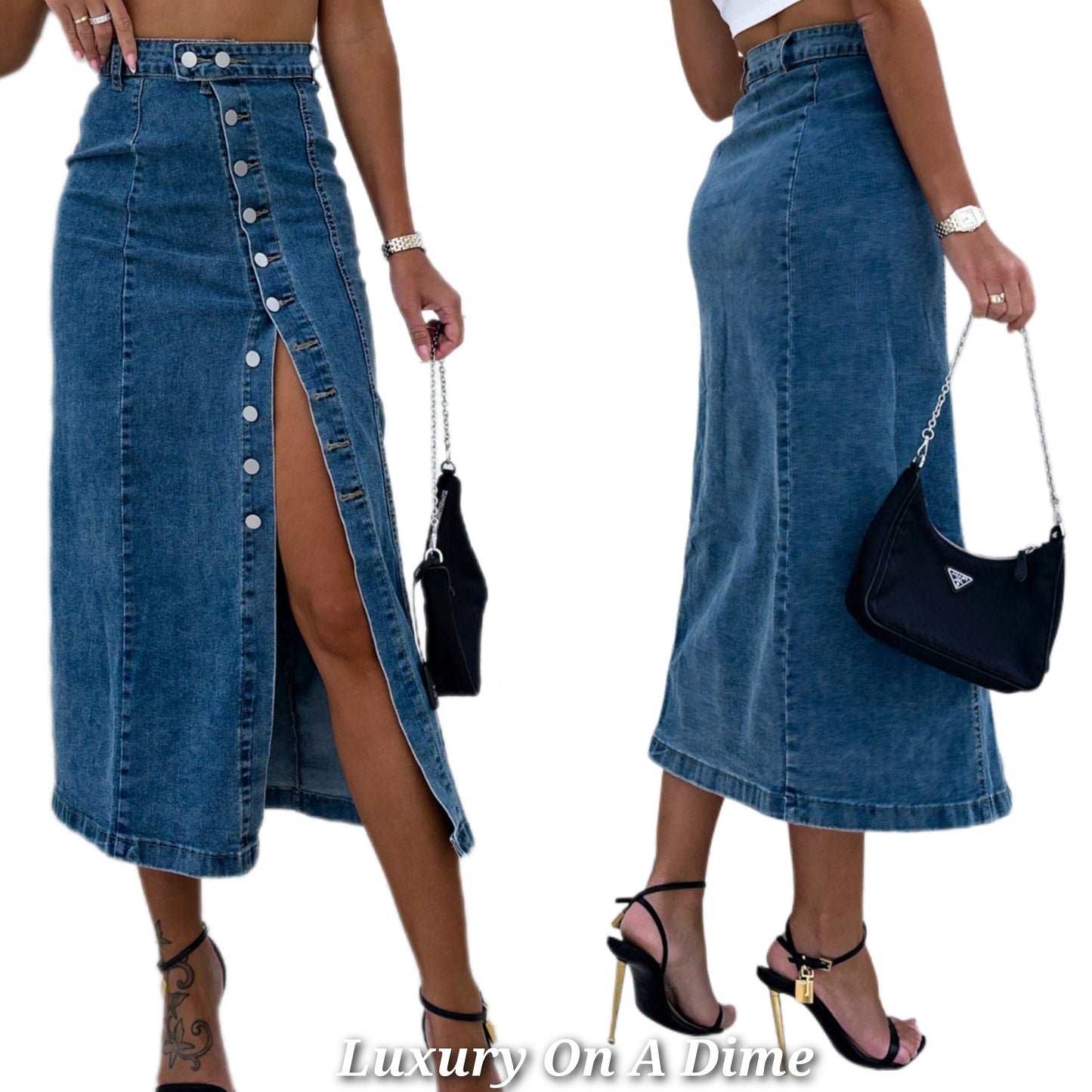 Asymmetrical High-Rise Full Length Button Bent Seam Denim Retro Jean Midi Skirt