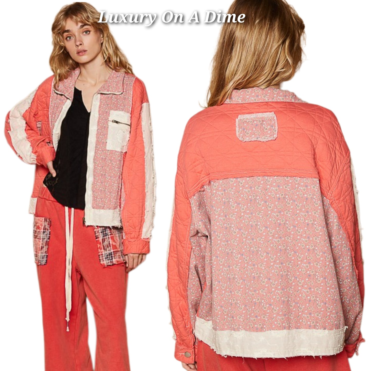 POL Quilted Granny Retro Floral Patchwork Oversized Pocket Zip-up Boho Jacket